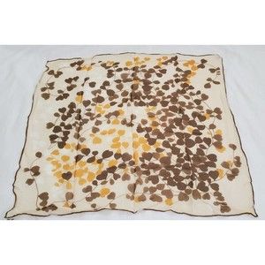 Vtg TRIPLE SHEER Scarf Tan Brown Mustard Yellow Vines Leaf Chiffon Rayon Square